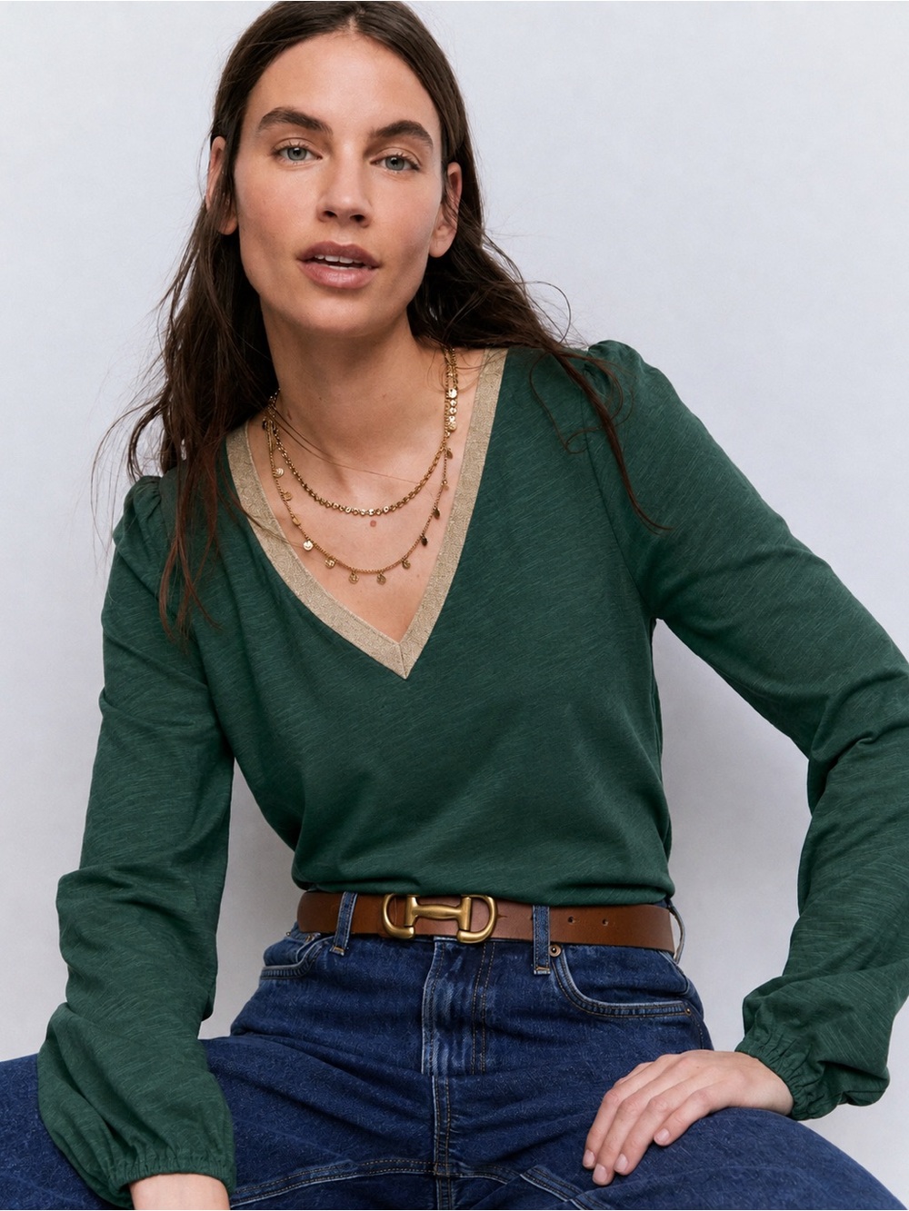 NEW Boden Metallic Trim V-neck Top Long Sleeve Green Size 10 *351